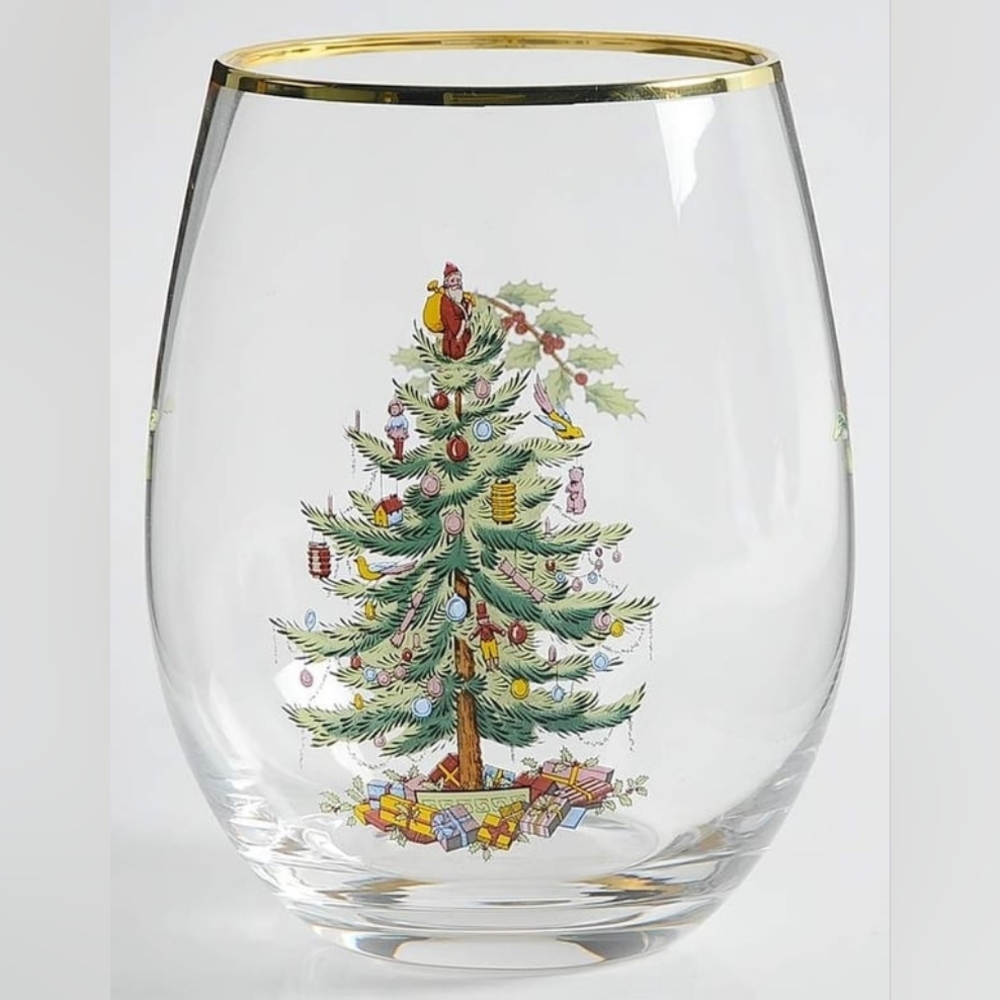 Spode Christmas Tree Stemless Wine Glass with Gold Rim